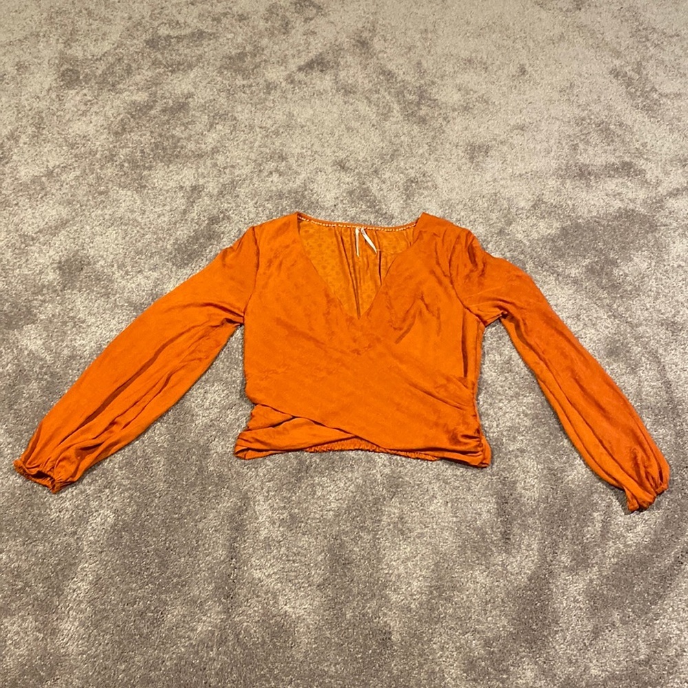 Anthropologie Orange Wrap Blouse SIZE M Long Sleeve V Neck Boho Lightweight Top